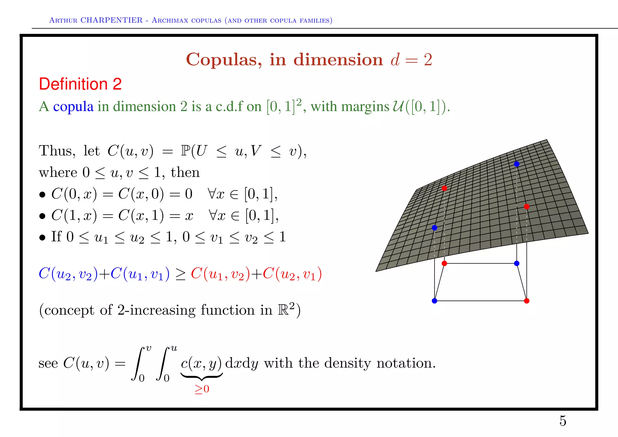 Arthur CHARPENTIER - Archimax copulas (and other copula families)
Copulas, in dimension d ≥ 2
The concept of d-increasing function simply means that
P(a1 ≤ U1 ≤ b1, ..., ad ≤ Ud ≤ bd) = P(U ∈ [a, b]) ≥ 0
where U = (U1, ..., Ud) ∼ C for all a ≤ b (where ai ≤ bi).
Deﬁnition 3
Function h : Rd
→ R is d-increasing if for all rectangle [a, b] ⊂ Rd
, Vh ([a, b]) ≥ 0,
where
Vh ([a, b]) = ∆b
ah (t) = ∆bd
ad
∆bd−1
ad−1
...∆b2
a2
∆b1
a1
h (t) (1)
and for all t, with
∆bi
ai
h (t) = h (t1, ..., ti−1, bi, ti+1, ..., tn) − h (t1, ..., ti−1, ai, ti+1, ..., tn) . (2)
5
 