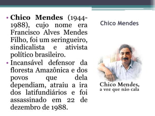 Chico Mendes
• Chico Mendes (1944-
1988), cujo nome era
Francisco Alves Mendes
Filho, foi um seringueiro,
sindicalista e ativista
político brasileiro.
• Incansável defensor da
floresta Amazônica e dos
povos que dela
dependiam, atraiu a ira
dos latifundiários e foi
assassinado em 22 de
dezembro de 1988.
 