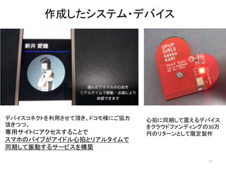 作成したシステム・デバイス	
心拍に同期して震えるデバイス
をクラウドファンディングの30万
円のリターンとして限定製作	
デバイスコネクトを利用させて頂き、ドコモ様にご協力
頂きつつ、	
専用サイトにアクセスすることで	
スマホのバイブがアイドル心拍とリアルタイムで
同期して振動するサービスを構築	
11	
 