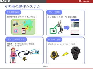 PAGE
その他の試作システム
10
センサ値からスイングの瞬間を撮影
眼鏡センサーから顔の向きを検出
瞬きでシャッター
遠隔地の映像をリアルタイムで確認
BT信号をシャッタートリガとして利用
長距離映像通信 フォーム撮影
G-Shockで撮影見ている範囲を撮影
 