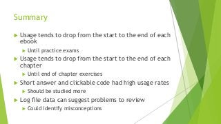 Summary
u Usage tends to drop from the start to the end of each
ebook
u Until practice exams
u Usage tends to drop from th...