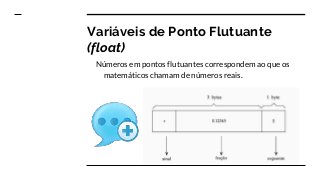 Variáveis de Ponto Flutuante
(float)
Números em pontos flutuantes correspondem ao que os
matemáticos chamam de números reais.
 