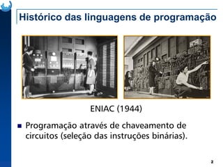 Histórico das linguagens de programação
2
Programação através de chaveamento de
circuitos (seleção das instruções binárias).
ENIAC (1944)
 