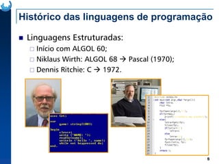 Histórico das linguagens de programação
Linguagens Estruturadas:
Início com ALGOL 60;
Niklaus Wirth: ALGOL 68 Pascal (1970);
Dennis Ritchie: C 1972.
5
 