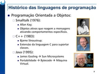 Histórico das linguagens de programação
Programação Orientada a Objetos:
Smalltalk (1976):
Allan Kay;
Objetos ativos que reagem a mensagens
ativando comportamentos específicos.
C++ (1983):
7
C++ (1983):
Bjarne Stroustrup;
Extensão da linguagem C para suportar
classes.
Java (1995):
James Gosling Sun Microsystems
Portabilidade Bytecode Máquina
Virtual.
 