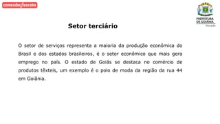 Setor terciário
O setor de serviços representa a maioria da produção econômica do
Brasil e dos estados brasileiros, é o setor econômico que mais gera
emprego no país. O estado de Goiás se destaca no comércio de
produtos têxteis, um exemplo é o polo de moda da região da rua 44
em Goiânia.
 