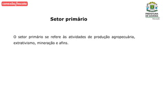 Setor primário
O setor primário se refere às atividades de produção agropecuária,
extrativismo, mineração e afins.
 