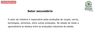 Setor secundário
O setor da indústria é responsável pelas produções de roupas, carros,
tecnologias, alimentos, entre outras produções. No estado de Goiás a
agroindústria se destaca entre as produções industriais do estado.
 