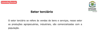 Setor terciário
O setor terciário se refere às vendas de bens e serviços, nesse setor
as produções agropecuárias, industriais, são comercializadas com a
população.
 