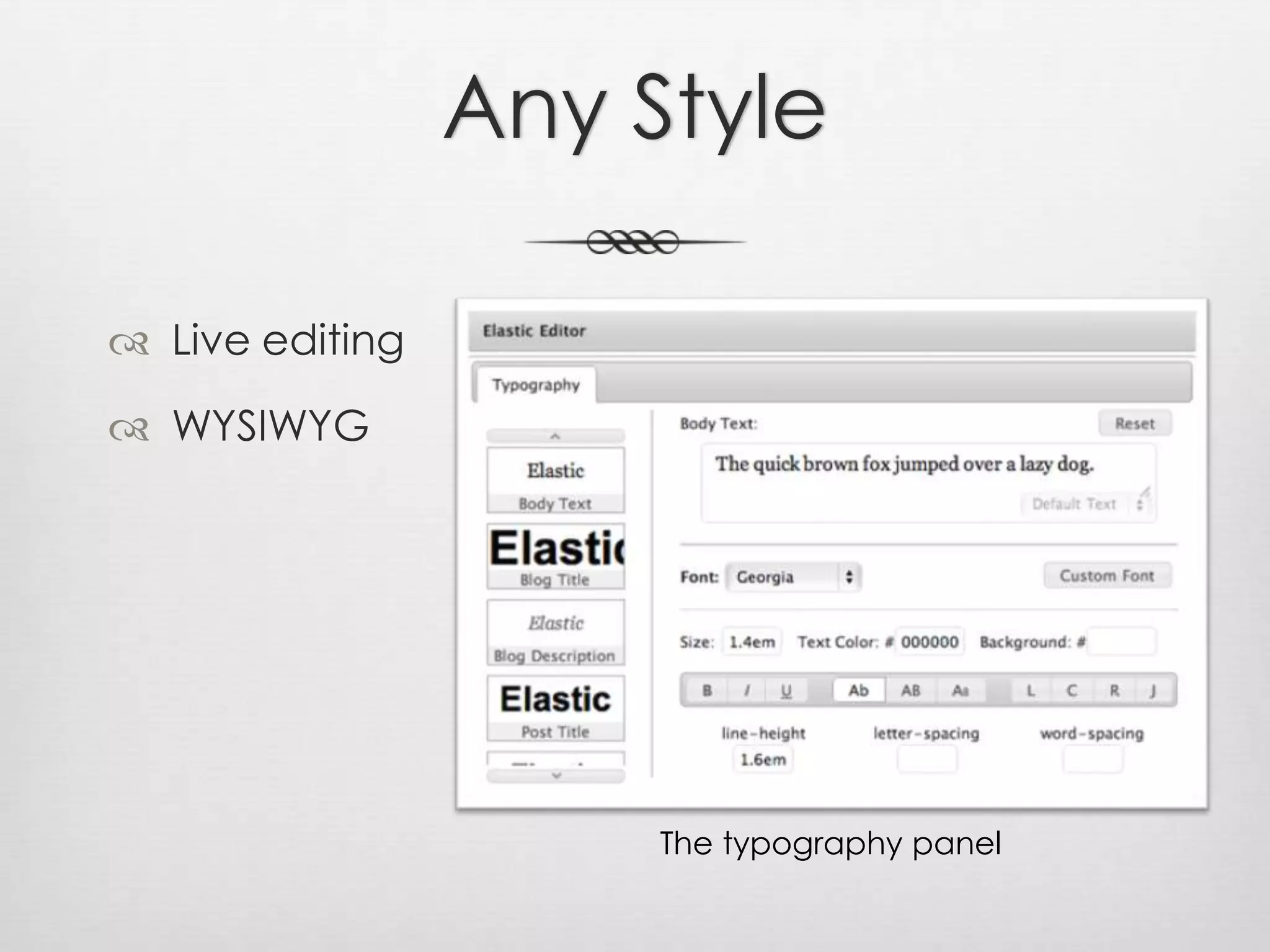 Any StyleLive editingWYSIWYGThe typography panel