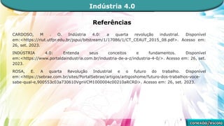 Referências
CARDOSO, M . O. Indústria 4.0: a quarta revolução industrial. Disponível
em:<https://riut.utfpr.edu.br/jspui/bitstream/1/17086/1/CT_CEAUT_2015_08.pdf>. Acesso em:
26, set. 2023.
INDÚSTRIA 4.0: Entenda seus conceitos e fundamentos. Disponível
em:<https://www.portaldaindustria.com.br/industria-de-a-z/industria-4-0/>. Acesso em: 26, set.
2023.
ROSA, E. A quarta Revolução Industrial e o futuro do trabalho. Disponível
em:<https://sebrae.com.br/sites/PortalSebrae/artigos/artigoshome/futuro-dos-trabalhos-voce-
sabe-qual-e,900553c03a730610VgnVCM1000004c00210aRCRD>. Acesso em: 26, set. 2023.
Indústria 4.0
 
