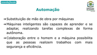 ➔Substituição de mão de obra por máquinas
➔Máquinas inteligentes são capazes de aprender e se
adaptar, realizando tarefas complexas de forma
autônoma.
➔Colaboração entre o homem e a máquina possibilita
que as pessoas realizem trabalhos com mais
segurança e eficiência.
Automação
 