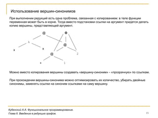 15
Кубенский А.А. Функциональное программирование.
Использование вершин-синонимов
Глава 6. Введение в редукцию графов.
При выполнении редукций есть одна проблема, связанная с копированием: в теле функции
переменная может быть в корне. Тогда вместо подстановки ссылки на аргумент придется делать
копию вершины, представляющей аргумент.
+
@
λ
@
x
1
2
x
@
x
@
Можно вместо копирования вершины создавать «вершину-синоним» - «прозрачную» по ссылкам.
Θ
При прохождении вершины-синонима можно оптимизировать их количество, убирать двойные
синонимы, заменять ссылки на синоним ссылками на саму вершину.
 
