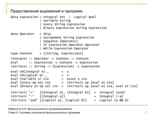 3
Кубенский А.А. Функциональное программирование.
Глава 5. Системы исполнения функциональных программ.
Представление выражений и программ.
data Expression = Integral Int | Logical Bool
| Variable String
| Unary String Expression
| Binary Expression String Expression
data Operator = Skip
| Assignment String Expression
| Sequence [Operator]
| If Expression Operator Operator
| While Expression Operator
type Context = [(String, Expression)]
interpret :: Operator -> Context -> Context
eval :: Expression -> Context -> Expression
eval v@(Integral n) _ = v
eval v@(Logical b) _ = v
eval (Variable x) ctx = assoc x ctx
eval (Unary op ex) ctx = intrinsic op [eval ex ctx]
eval (Binary e1 op e2) ctx = intrinsic op [eval e1 ctx, eval e2 ctx]
intrinsic "+" [(Integral a), (Integral b)] = Integral (a+b)
intrinsic "-" [(Integral a)] = Integral (-a)
intrinsic "and" [(Logical a), (Logical b)] = Logical (a && b)
intrinsic :: String -> [Expression] -> Expression
 
