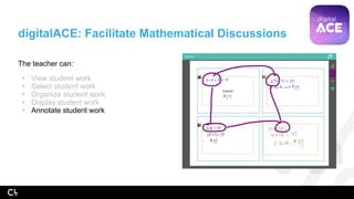 digitalACE: Facilitate Mathematical Discussions
The teacher can:
• View student work
• Select student work
• Organize student work
• Display student work
• Annotate student work
 