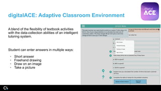 digitalACE: Adaptive Classroom Environment
A blend of the flexibility of textbook activities
with the data-collection abilities of an intelligent
tutoring system.
Student can enter answers in multiple ways:
• Short answer
• Freehand drawing
• Draw on an image
• Take a picture
 