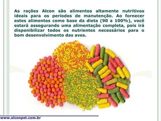 As rações Alcon são alimentos altamente nutritivos
ideais para os períodos de manutenção. Ao fornecer
estes alimentos como base da dieta (90 a 100%), você
estará assegurando uma alimentação completa, pois irá
disponibilizar todos os nutrientes necessários para o
bom desenvolvimento das aves.
 