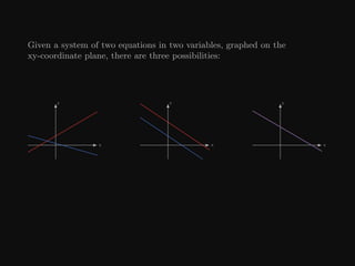 Given a system of two equations in two variables, graphed on the
xy-coordinate plane, there are three possibilities:
x
y
x
y
x
y
 