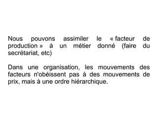 Nous pouvons assimiler le « facteur      de
production » à un métier donné (faire    du
secrétariat, etc)

Dans une organisation, les mouvements des
facteurs n'obéissent pas à des mouvements de
prix, mais à une ordre hiérarchique.
 