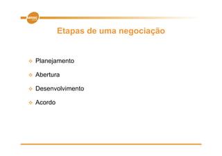 Etapas de uma negociação


   Planejamento

   Abertura

   Desenvolvimento

   Acordo
 