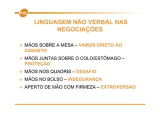 LINGUAGEM NÃO VERBAL NAS
             NEGOCIAÇÕES

   MÃOS SOBRE A MESA – VAMOS DIRETO AO
    ASSUNTO
   MÃOS JUNTAS SOBRE O COLO/ESTÔMAGO –
     Ã                          Ô
    PROTEÇÃO
   MÃOS NOS QUADRIS – DESAFIO
     Ã
   MÃOS NO BOLSO – INSEGURANÇA
   APERTO DE MÃO COM FIRMEZA – EXTROVERSÃO
 