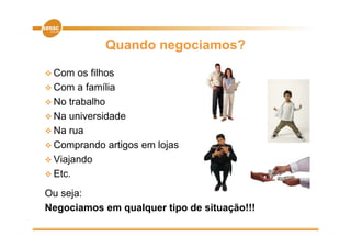 Quando negociamos?

 Com  os filhos
 Com a família
 No trabalho
 Na universidade
 Na rua
 Comprando artigos em lojas
 Viajando
 Etc.

Ou seja:
Negociamos em qualquer tipo de situação!!!
 