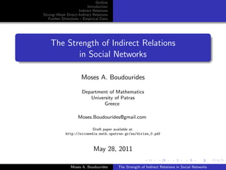 Outline
                           Introduction
                     Indirect Relations
Strong–Weak Direct–Indirect Relations
   Further Directions – Empirical Data




    The Strength of Indirect Relations
           in Social Networks

                      Moses A. Boudourides

                       Department of Mathematics
                          University of Patras
                                Greece

                     Moses.Boudourides@gmail.com

                           Draft paper available at:
             http://nicomedia.math.upatras.gr/sn/dirisn_0.pdf



                              May 28, 2011

                Moses A. Boudourides      The Strength of Indirect Relations in Social Networks
 