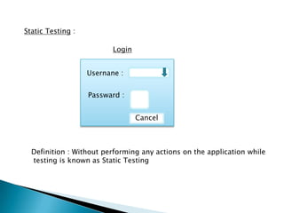 Static Testing :
Usernane :
Passward :
Cancel
Login
Definition : Without performing any actions on the application while
testing is known as Static Testing
 