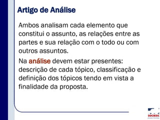 Artigo de Análise
Ambos analisam cada elemento que
constitui o assunto, as relações entre as
partes e sua relação com o todo ou com
outros assuntos.
Na análise devem estar presentes:
descrição de cada tópico, classificação e
definição dos tópicos tendo em vista a
finalidade da proposta.
 