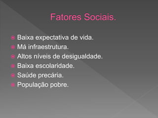  Baixa expectativa de vida.
 Má infraestrutura.
 Altos níveis de desigualdade.
 Baixa escolaridade.
 Saúde precária.
 População pobre.
 