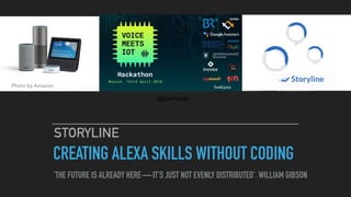 CREATING ALEXA SKILLS WITHOUT CODING
STORYLINE
Photo by Amazon
‘THE FUTURE IS ALREADY HERE — IT’S JUST NOT EVENLY DISTRIBUTED’. WILLIAM GIBSON
@berlinlean
 