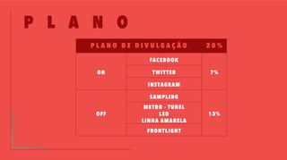 P L A N O
P L A N O D E D I V U L G A Ç Ã O 2 0 %
ON
FACEBOOK
7%TWITTER
INSTAGRAM
OFF
SAMPLING
13%
METRO - TUNEL
LED
LINHA AMARELA
FRONTLIGHT
 