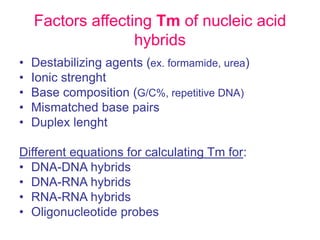 Factors affecting Tm of nucleic acid
hybrids
• Destabilizing agents (ex. formamide, urea)
• Ionic strenght
• Base composition (G/C%, repetitive DNA)
• Mismatched base pairs
• Duplex lenght
Different equations for calculating Tm for:
• DNA-DNA hybrids
• DNA-RNA hybrids
• RNA-RNA hybrids
• Oligonucleotide probes
 
