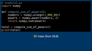 # example5.py
import numpy
def compute_sum_of_powers():
numbers = numpy.arange(1_000_001)
powers = numpy.power(numbers, 2)
return numpy.sum(powers)
total = compute_sum_of_powers()
print(total)
57 msec (from 59.8)
 