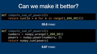 Can we make it better?
def compute_sum_of_powers():
numbers = numpy.arange(1_000_001)
powers = numpy.power(numbers, 2)
return numpy.sum(powers)
def compute_sum_of_powers():
return sum([n * n for n in range(1_000_001)])
59.8 msec
9.87 msec
 