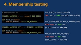 4. Membership testing
# membership2.py
MILLION_NUMBERS = list(range(1_000_000))
def test_in(number):
return number in MILLION_NUMBERS
MILLION_NUMBERS_SET = set(MILLION_NUMBERS)
def test_in_set(number):
return number in MILLION_NUMBERS_SET
test_in(42) vs. test_in_set(42)
301 nsec vs. 45.9 nsec (301/45.9 = 6.56)
test_in(999_958) vs. test_in_set(999_958)
6.04 msec vs. 51.5 nsec
(6040000/51.5 = 117,282)
test_in(-5) vs. test_in_set(-5)
5.87 msec vs. 46.1 nsec
(5870000/46.1 = 127,332)
 