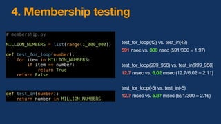 4. Membership testing
# membership2.py
MILLION_NUMBERS = list(range(1_000_000))
def test_in(number):
return number in MILL...