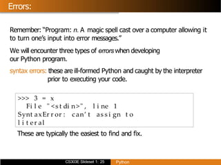 CS303E Slideset 1: 25 Python
Errors:
Syntax
Remember: “Program: n. A magic spell cast over a computer allowing it
to turn one’s input into error messages.”
We will encounter three types of errors when developing
our Python program.
syntax errors: these are ill-formed Python and caught by the interpreter
prior to executing your code.
>>> 3 = x
Fi l e " <s t di n>" , l i ne 1
Synt axEr r or : can’ t as s i gn t o
l i t er al
These are typically the easiest to find and fix.
 