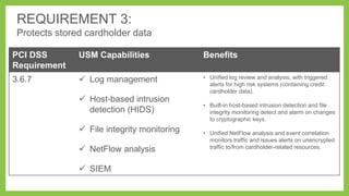 REQUIREMENT 3:
Protects stored cardholder data
PCI DSS
Requirement

USM Capabilities

Benefits

3.6.7

 Log management

• Unified log review and analysis, with triggered
alerts for high risk systems (containing credit
cardholder data).

 Host-based intrusion
detection (HIDS)
 File integrity monitoring
 NetFlow analysis
 SIEM

• Built-in host-based intrusion detection and file
integrity monitoring detect and alarm on changes
to cryptographic keys.
• Unified NetFlow analysis and event correlation
monitors traffic and issues alerts on unencrypted
traffic to/from cardholder-related resources.

 