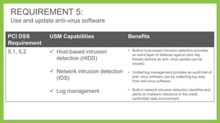 REQUIREMENT 5:
Use and update anti-virus software
PCI DSS
Requirement

USM Capabilities

Benefits

5.1, 5.2

 Host-based intrusion
detection (HIDS)

• Built-in host-based intrusion detection provides
an extra layer of defense against zero day
threats (before an anti- virus update can be
issued).

 Network intrusion detection
(IDS)
 Log management

• Unified log management provides an audit trail of
anti- virus software use by collecting log data
from anti-virus software.
• Built-in network intrusion detection identifies and
alerts on malware infections in the credit
cardholder data environment.

 