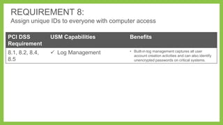 REQUIREMENT 8:
Assign unique IDs to everyone with computer access
PCI DSS
Requirement

USM Capabilities

Benefits

8.1, 8.2, 8.4,
8.5

 Log Management

• Built-in log management captures all user
account creation activities and can also identify
unencrypted passwords on critical systems.

 