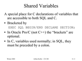 Shared Variables A special place for C declarations of variables that are accessible to both SQL and C. Bracketed by EXEC SQL BEGIN/END DECLARE SECTION; In Oracle Pro/C (not C++) the “brackets” are optional. In C, variables used normally; in SQL, they must be preceded by a colon. 