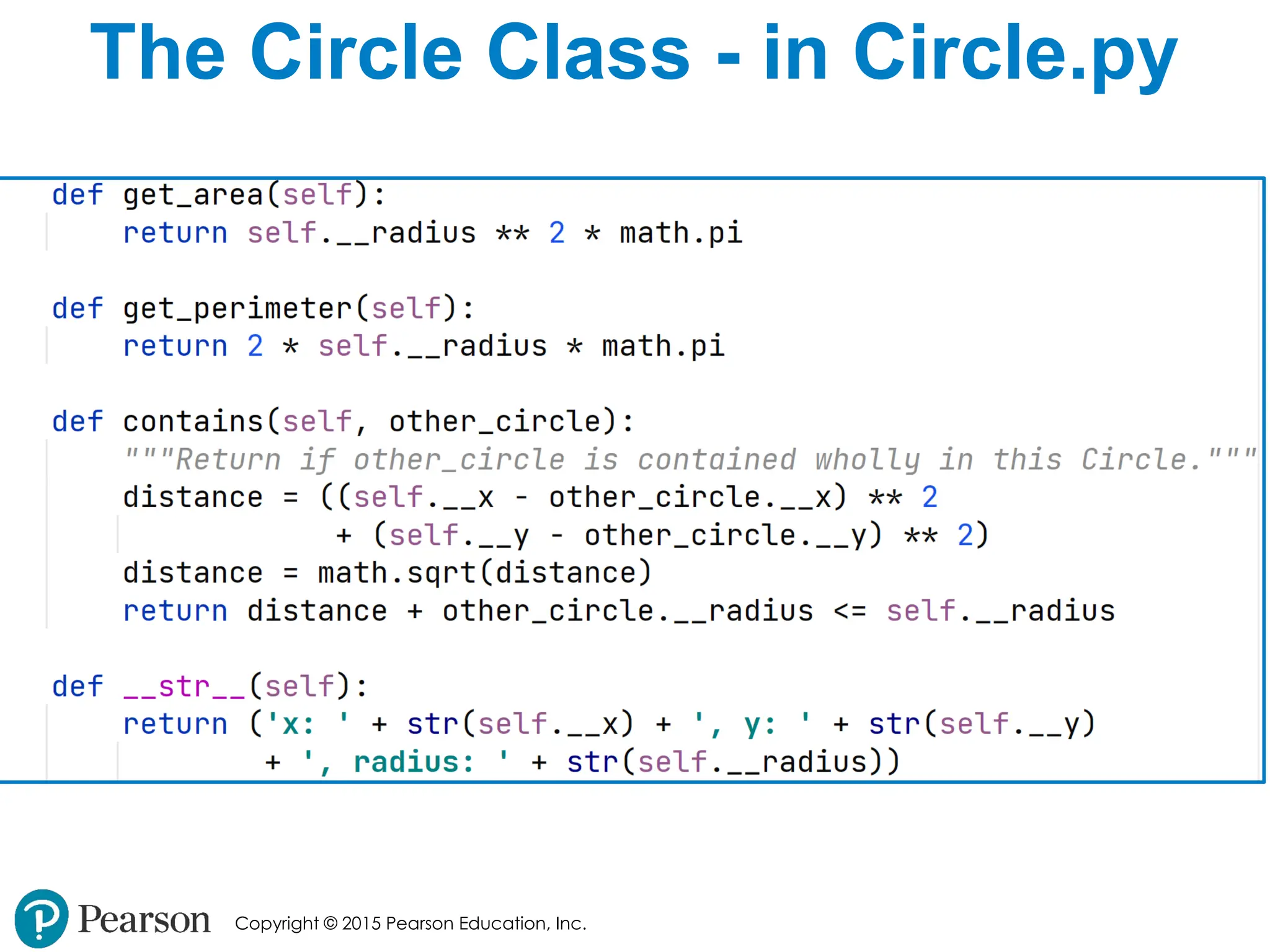 Copyright © 2015 Pearson Education, Inc.
The Circle Class - in Circle.py
 