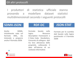 Gli altri protocolli

   I produttori di statistica ufficiale stanno
   provando a modellare dataset statistici
   multidimensionali secondo i seguenti protocolli

SDMX-JSON                      RDF-DC                   JSON-STAT
Anche           SDMX,    Formato basato sulla         Formato per lo scambio
inizialmente nato sul    logica           Resource    dati basato sulla logica
formato XML, sta         Description Framework e      posizionale e il formato
iniziando a proporre     il Data Cube Vocabolary.     JSON
anche il formato JSON    Consente di collegare dati
                         tra loro attraverso delle
                         proprietà, collocando il
                         dato all’interno di un
                         contesto informativo
 