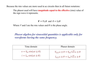 Because the rms values are more used in ac circuits then in all future notations:
The phasor used will have magnitude equal to the effective (rms) value of
the sign wave it represents.
and
Where V and I are the rms values and is the phase angle.
Time domain Phasor domain
 