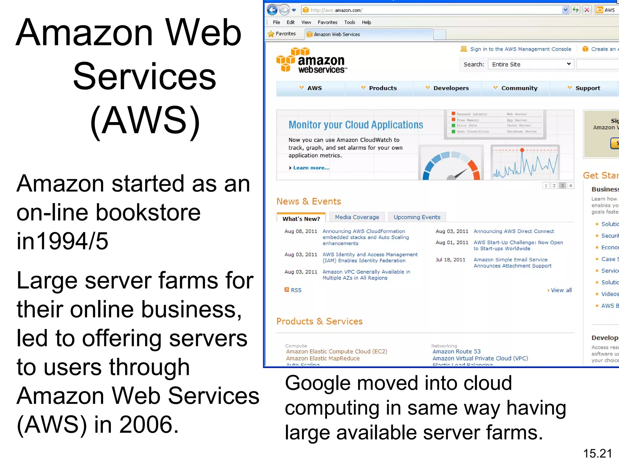 15.21
Amazon Web
Services
(AWS)
Amazon started as an
on-line bookstore
in1994/5
Large server farms for
their online business,
led to offering servers
to users through
Amazon Web Services
(AWS) in 2006.
Google moved into cloud
computing in same way having
large available server farms.
 
