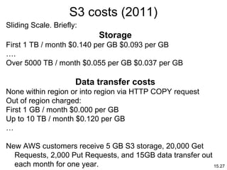 15.27
S3 costs (2011)
Sliding Scale. Briefly:
Storage
First 1 TB / month $0.140 per GB $0.093 per GB
….
Over 5000 TB / month $0.055 per GB $0.037 per GB
Data transfer costs
None within region or into region via HTTP COPY request
Out of region charged:
First 1 GB / month $0.000 per GB
Up to 10 TB / month $0.120 per GB
…
New AWS customers receive 5 GB S3 storage, 20,000 Get
Requests, 2,000 Put Requests, and 15GB data transfer out
each month for one year.
 