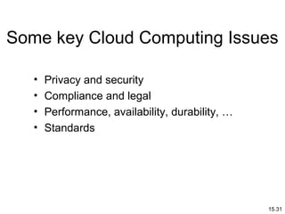 15.31
Some key Cloud Computing Issues
• Privacy and security
• Compliance and legal
• Performance, availability, durability, …
• Standards
 