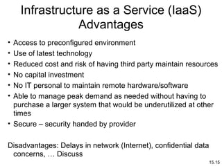 15.15
Infrastructure as a Service (IaaS)
Advantages
• Access to preconfigured environment
• Use of latest technology
• Reduced cost and risk of having third party maintain resources
• No capital investment
• No IT personal to maintain remote hardware/software
• Able to manage peak demand as needed without having to
purchase a larger system that would be underutilized at other
times
• Secure – security handed by provider
Disadvantages: Delays in network (Internet), confidential data
concerns, … Discuss
 