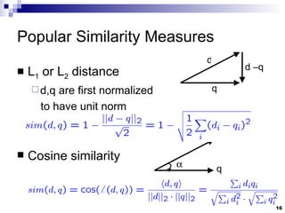 Popular Similarity Measures L 1  or L 2  distance  d,q are first normalized  to have unit norm Cosine similarity d q d –q   d q 